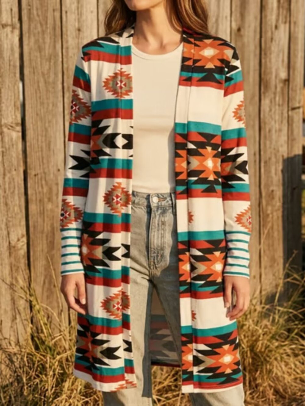 Aztec Print Open Cardigan - Cream with Teal & Rust